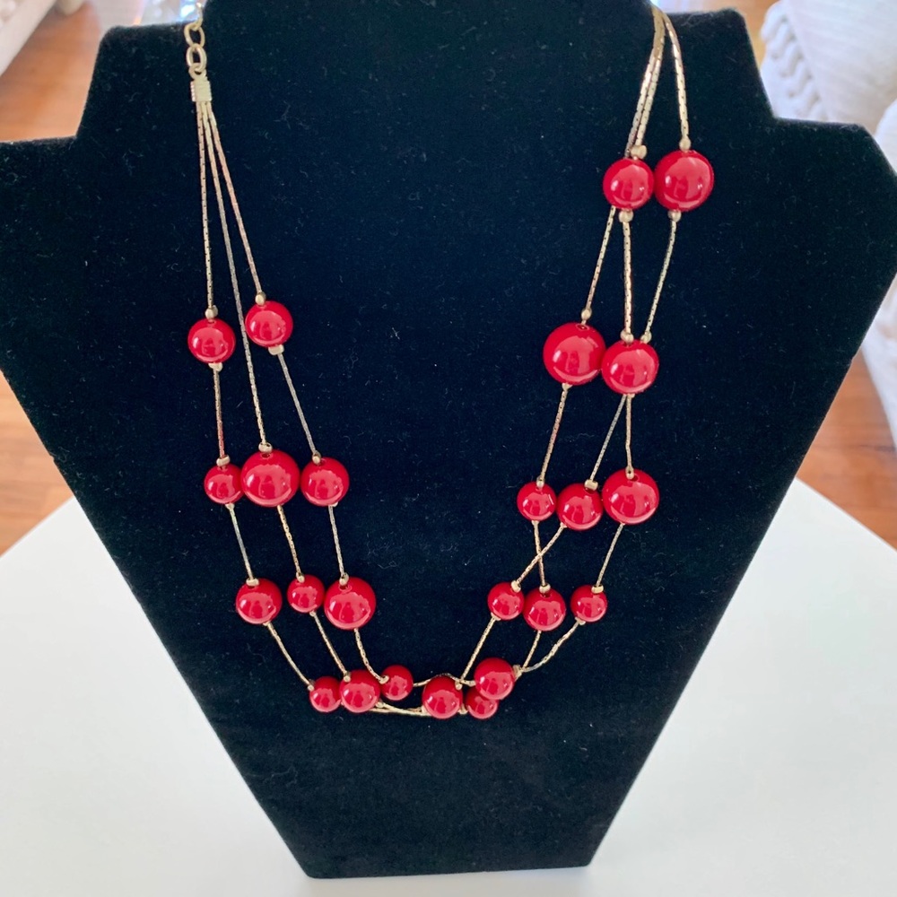 Triple Strand Red Beads Necklace